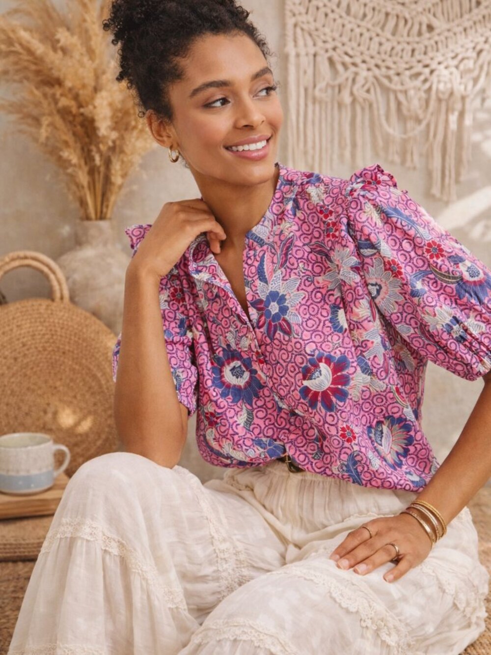 LOFT Floral Ruffle Blouse Pink Blue Boho Cottagecore Top Size S